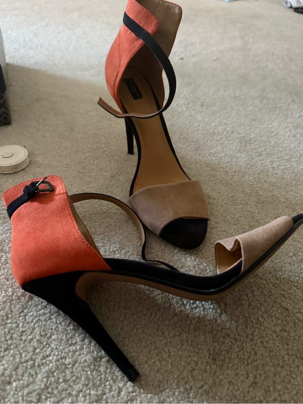 Women's Two-Tone Suede Open-Toe Stiletto Sandals - Orange & Taupe
